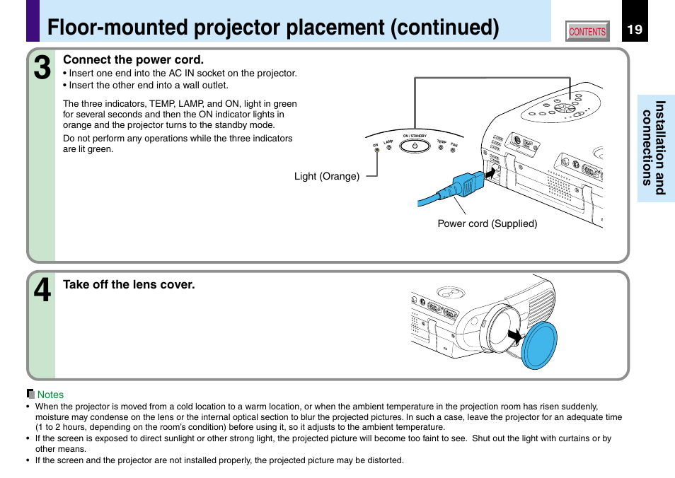 Floor-mounted projector placement (continued) | Toshiba TLP560 User Manual | Page 19 / 78