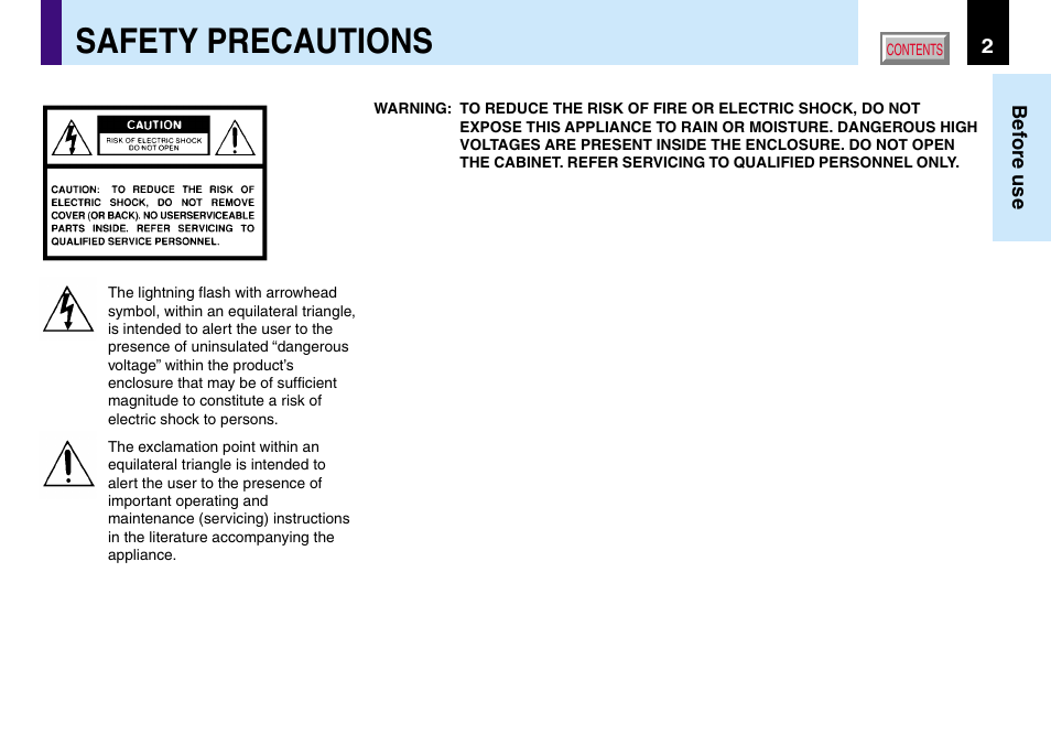 Before use, Safety precautions | Toshiba TLP560 User Manual | Page 2 / 78