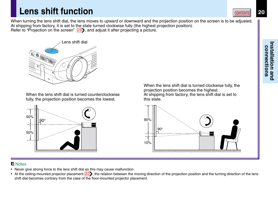 Lens shift function, 20 installation and connections | Toshiba TLP560 User Manual | Page 20 / 78