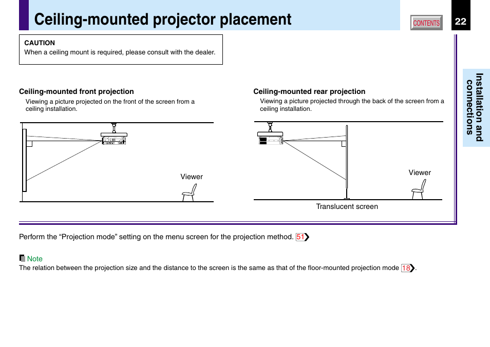 Ceiling-mounted projector placement | Toshiba TLP560 User Manual | Page 22 / 78