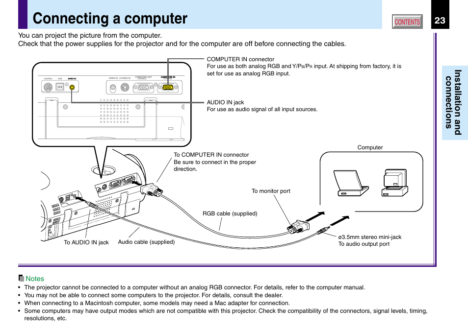Connecting a computer, 23 installation and connections | Toshiba TLP560 User Manual | Page 23 / 78