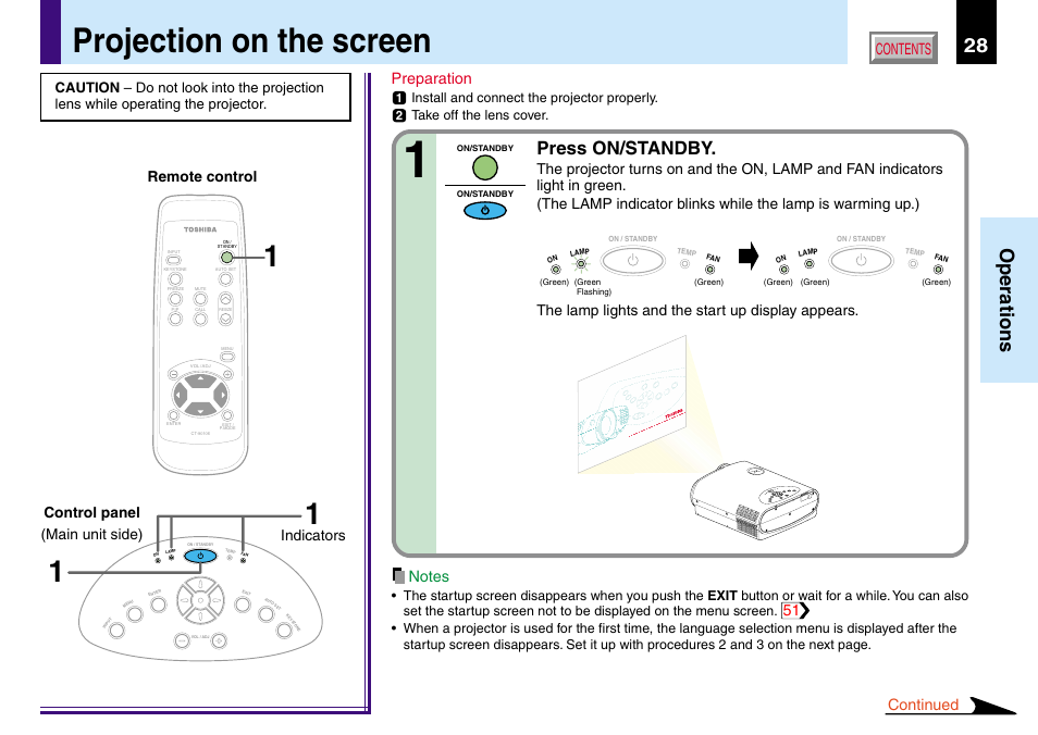 Operations, Projection on the screen, 28 operations | Press on/standby, Contents preparation, Continued, Install and connect the projector properly, Take off the lens cover | Toshiba TLP560 User Manual | Page 28 / 78