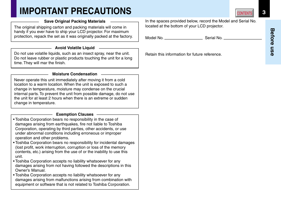 Important precautions, 3before use | Toshiba TLP560 User Manual | Page 3 / 78