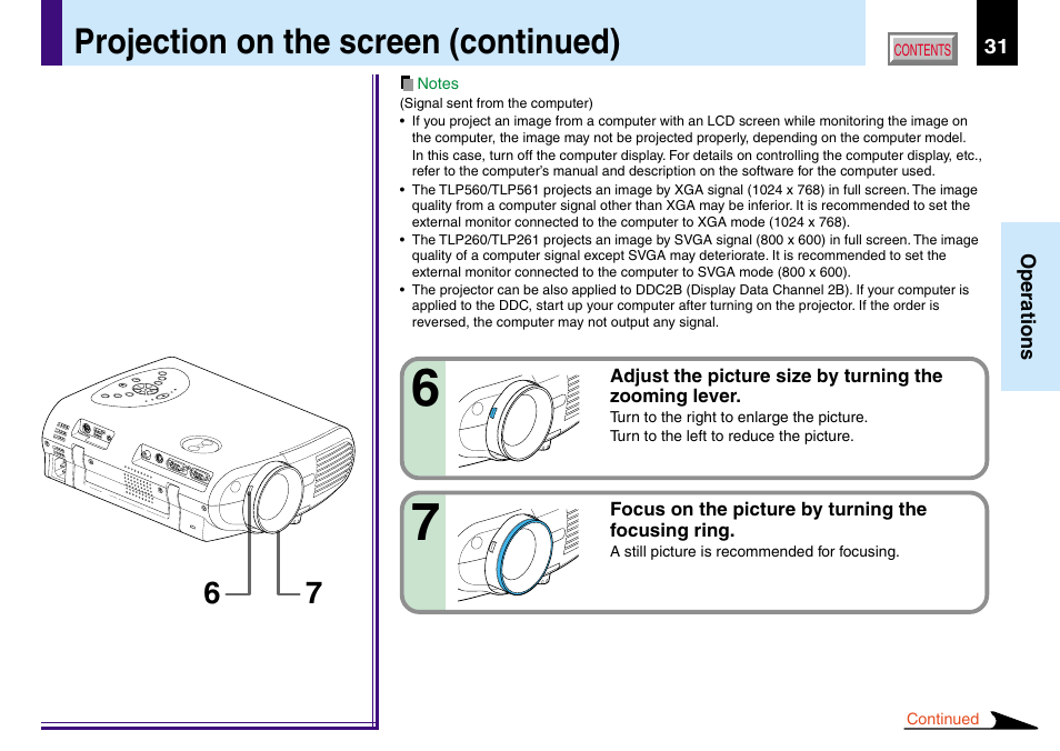 Projection on the screen (continued) | Toshiba TLP560 User Manual | Page 31 / 78