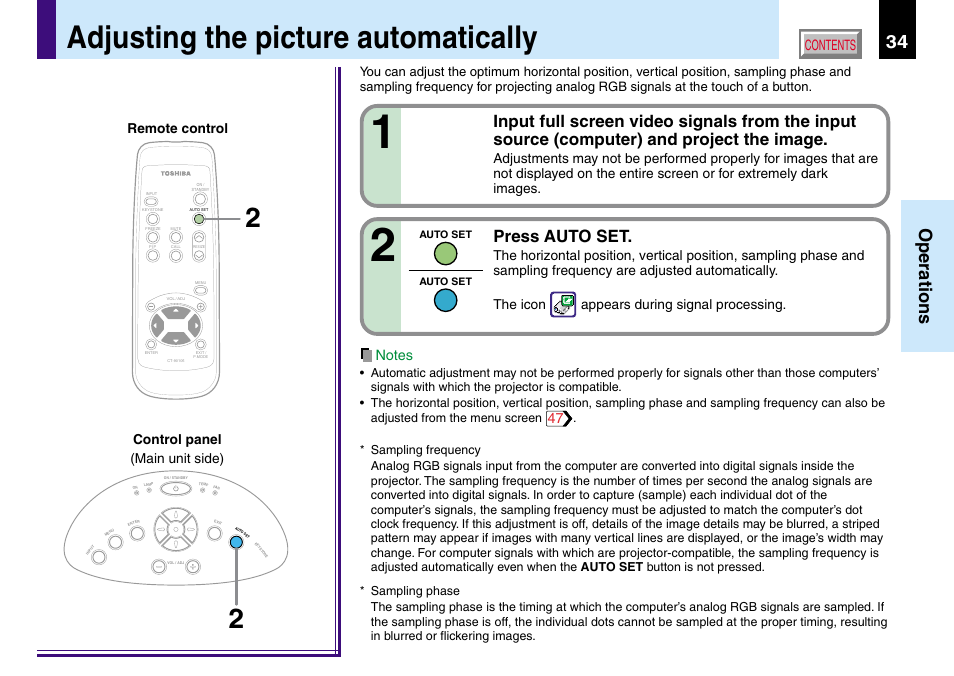 Adjusting the picture automatically, 34 operations, Press auto set | Toshiba TLP560 User Manual | Page 34 / 78