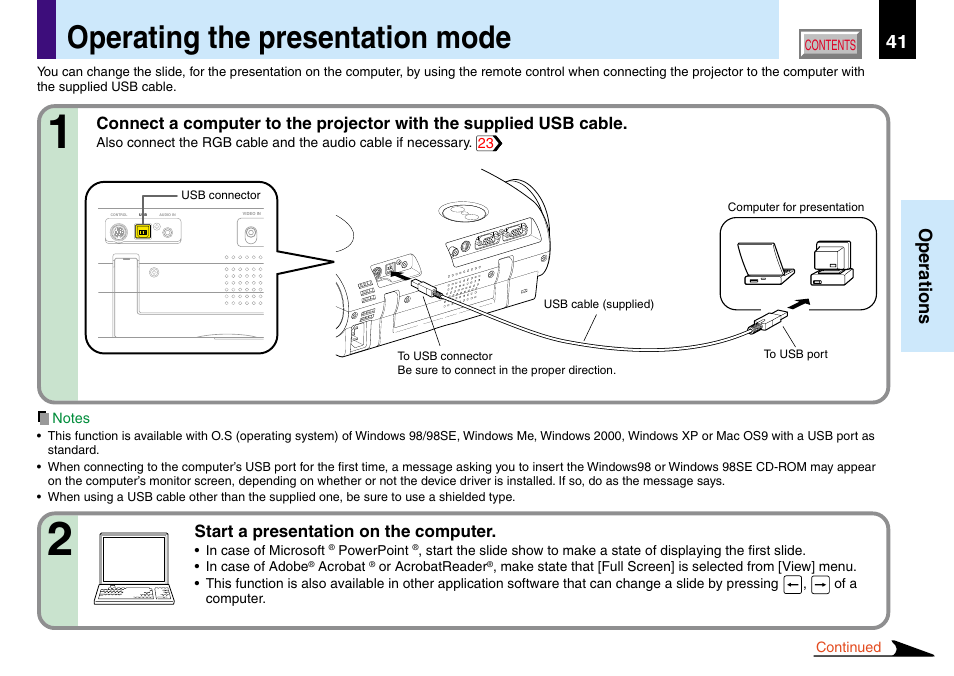 Operating the presentation mode, 41 operations | Toshiba TLP560 User Manual | Page 41 / 78