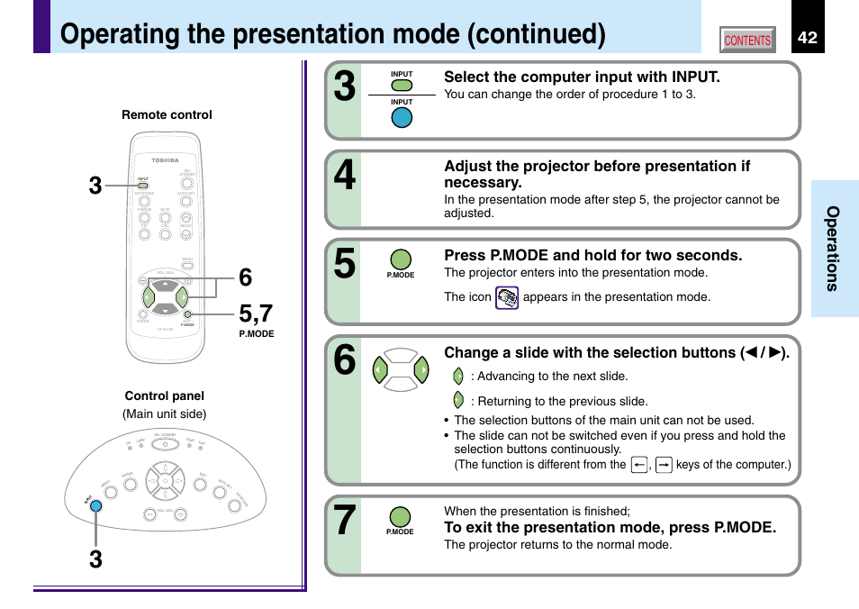 Operating the presentation mode (continued), 42 operations, Press p.mode and hold for two seconds | Select the computer input with input, Change a slide with the selection buttons ( / ) | Toshiba TLP560 User Manual | Page 42 / 78