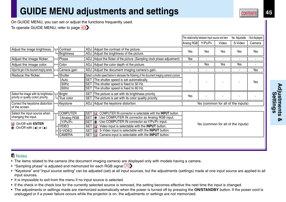 Guide menu adjustments and settings, Adjustments & settings | Toshiba TLP560 User Manual | Page 45 / 78