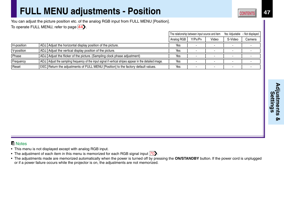 Full menu adjustments - position, Adjustments & settings | Toshiba TLP560 User Manual | Page 47 / 78