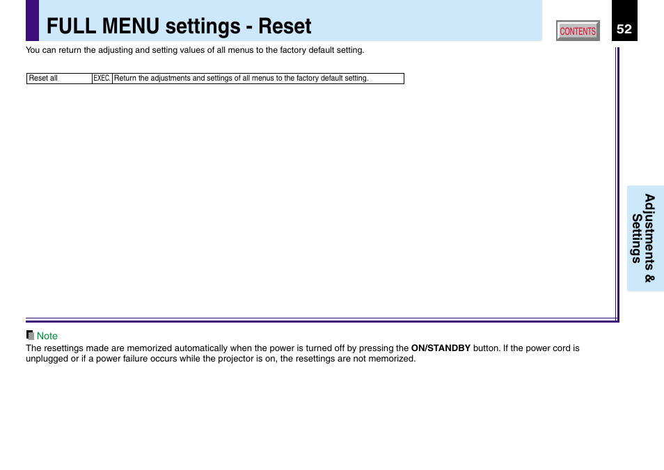 Full menu settings - reset | Toshiba TLP560 User Manual | Page 52 / 78