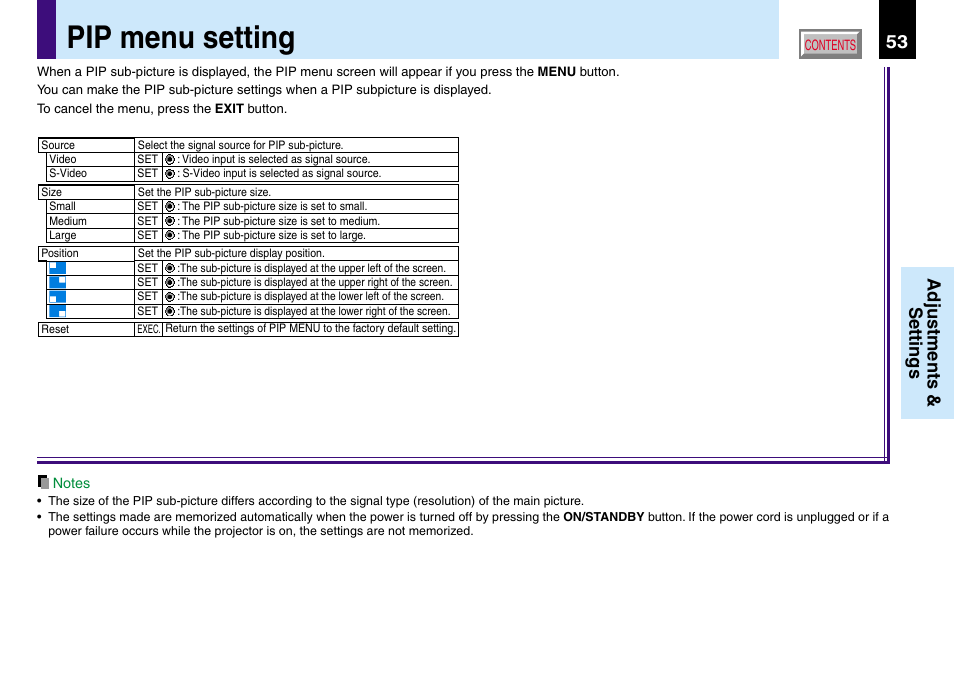 Pip menu setting, Adjustments & settings | Toshiba TLP560 User Manual | Page 53 / 78