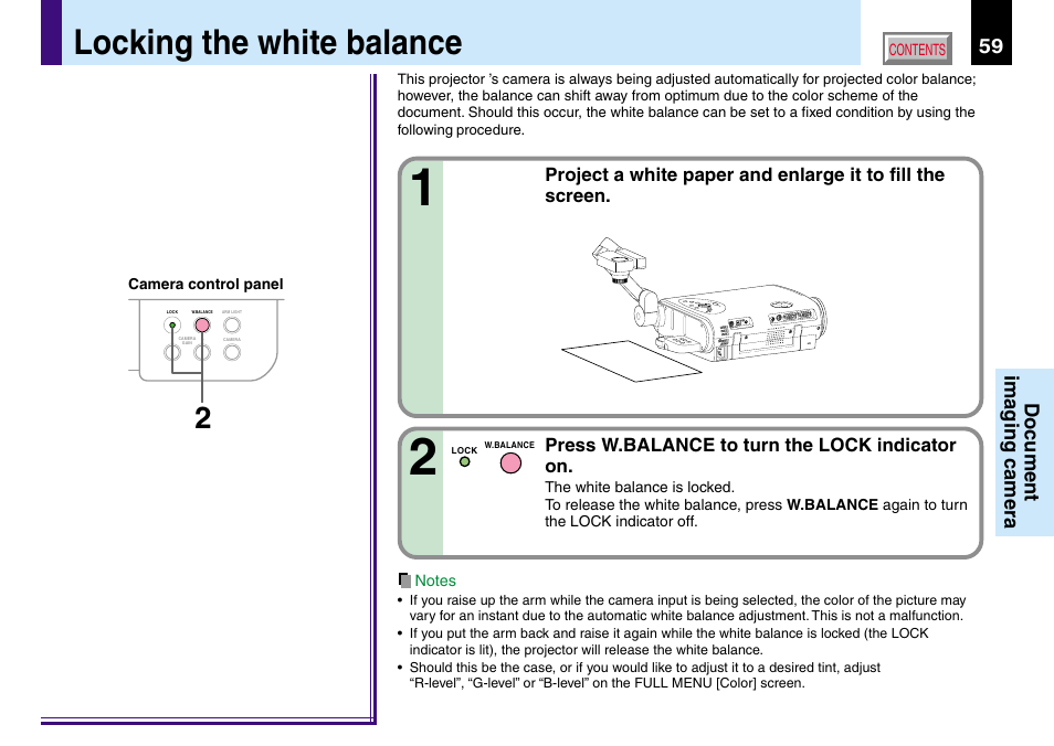 Locking the white balance | Toshiba TLP560 User Manual | Page 59 / 78