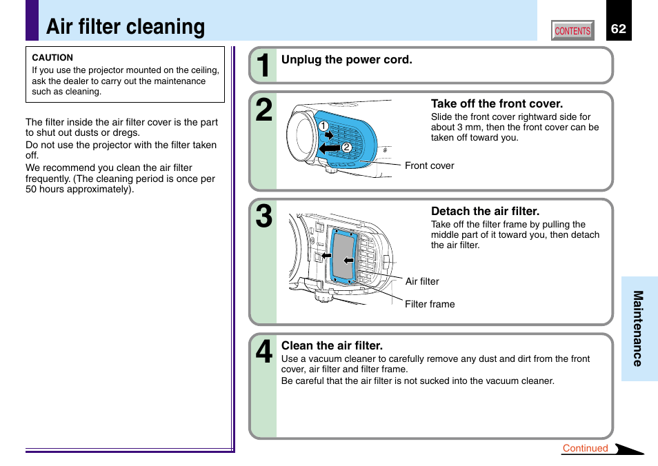 Air filter cleaning | Toshiba TLP560 User Manual | Page 62 / 78