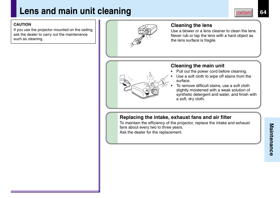 Lens and main unit cleaning | Toshiba TLP560 User Manual | Page 64 / 78