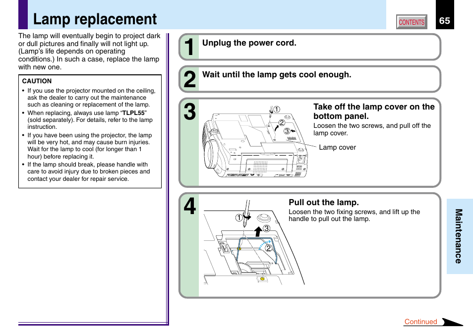 Lamp replacement | Toshiba TLP560 User Manual | Page 65 / 78