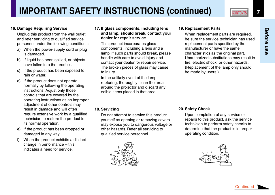 Important safety instructions (continued), 7before use | Toshiba TLP560 User Manual | Page 7 / 78