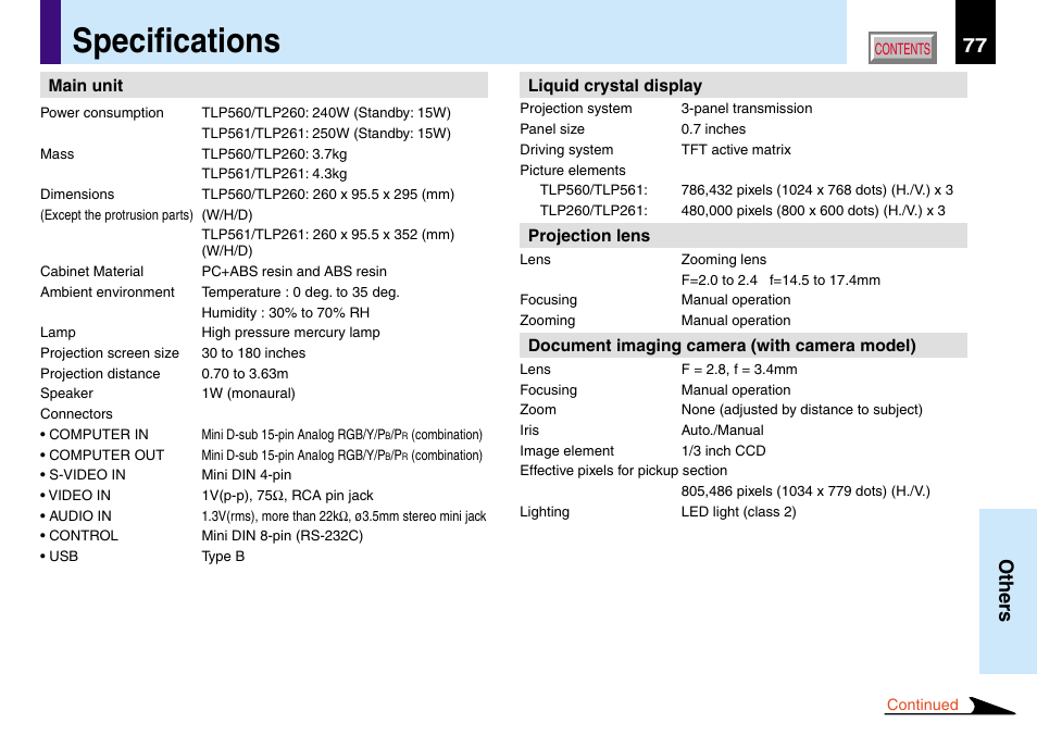 Specifications, 77 others | Toshiba TLP560 User Manual | Page 77 / 78