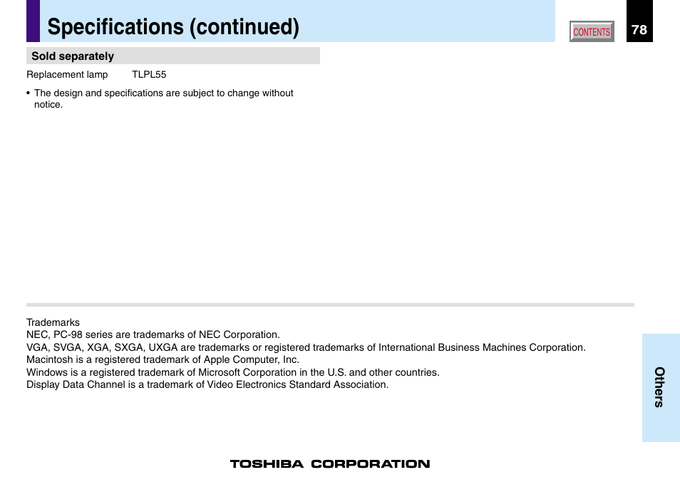 Specifications (continued) | Toshiba TLP560 User Manual | Page 78 / 78