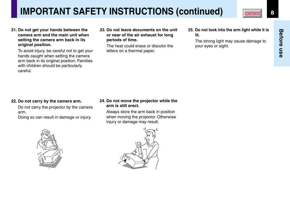 Important safety instructions (continued) | Toshiba TLP560 User Manual | Page 8 / 78