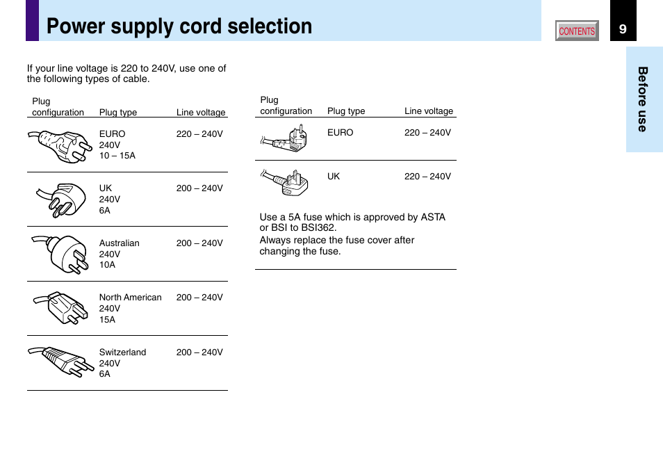 Power supply cord selection, 9before use | Toshiba TLP560 User Manual | Page 9 / 78