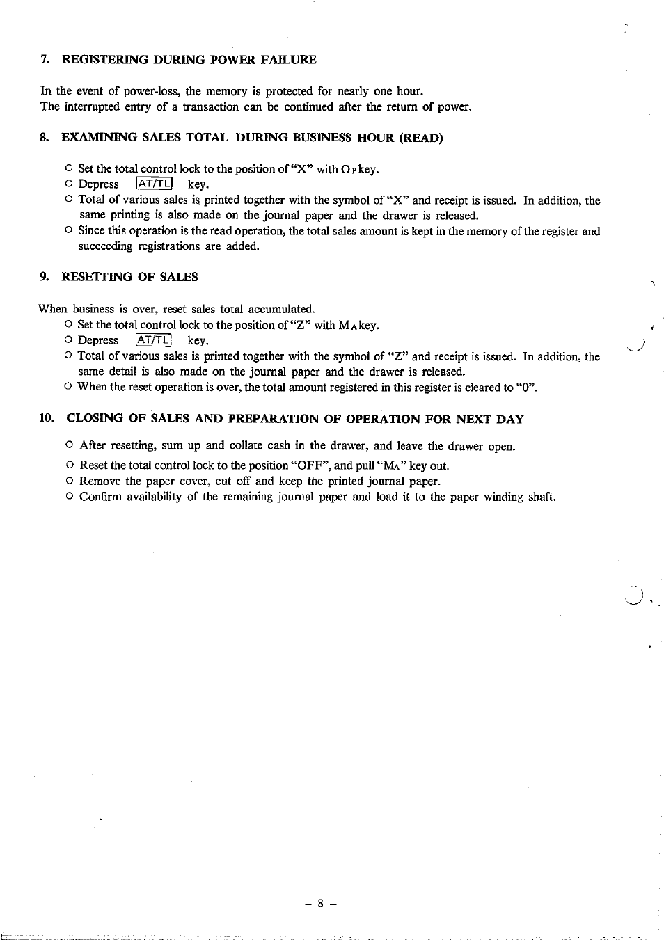 Registering during power failure, Examining sales total during business hour (read), Resetting of sales | Toshiba MA-120 Series User Manual | Page 10 / 19