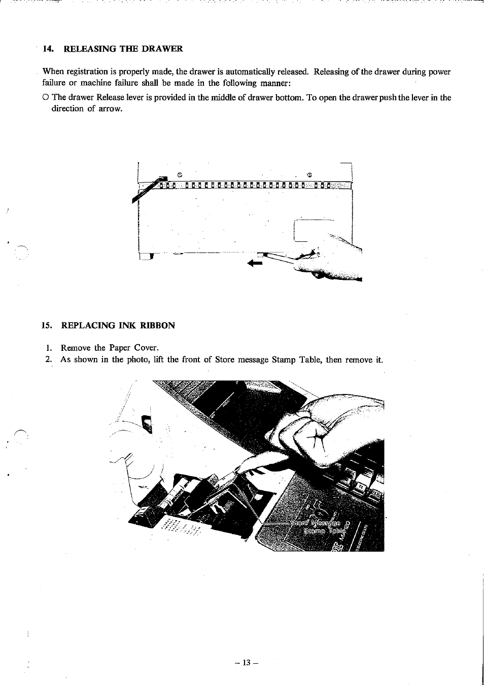 Releasing the drawer, Replacing ink ribbon | Toshiba MA-120 Series User Manual | Page 15 / 19