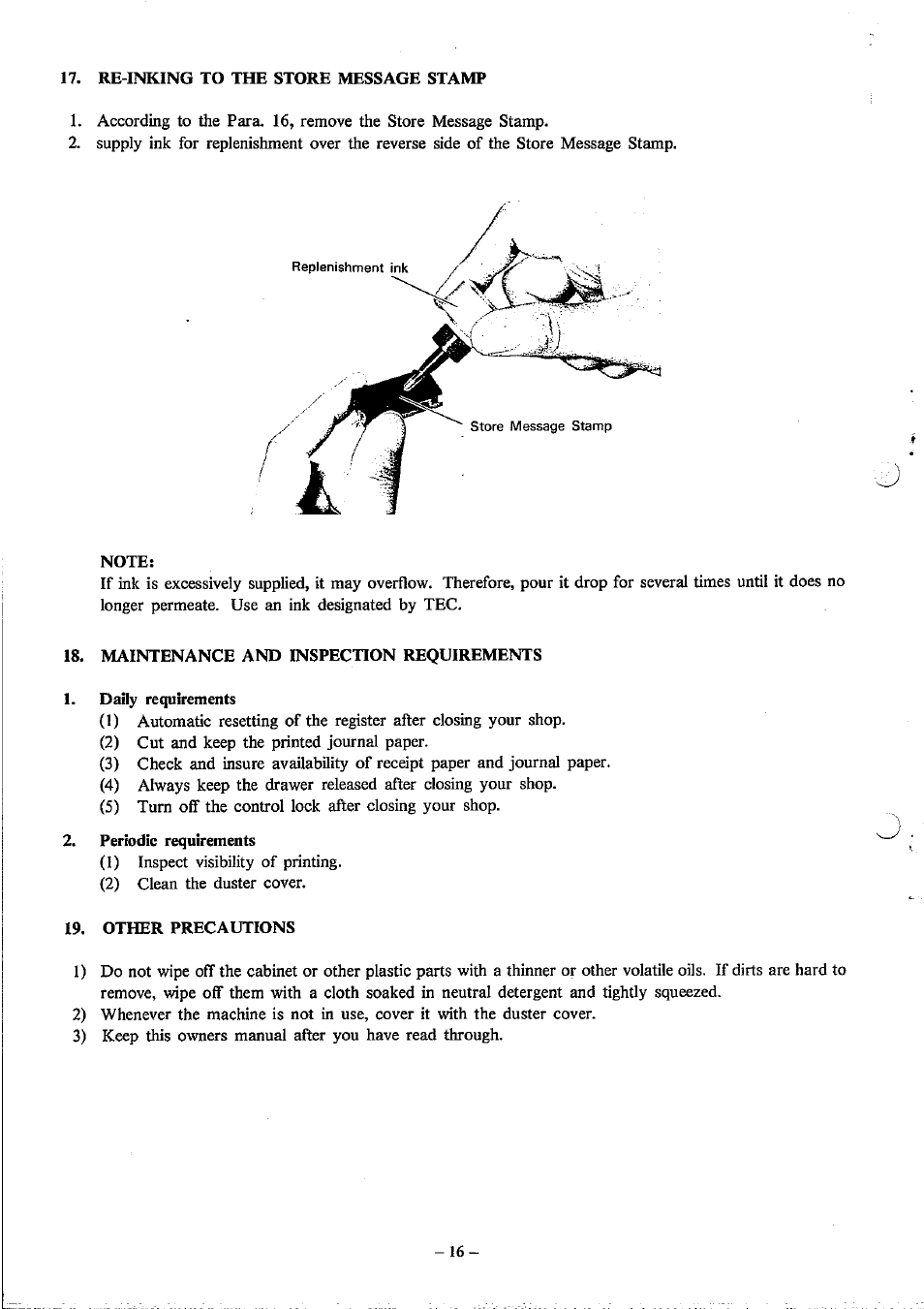 Re-inking to the store message stamp, Note, Maintenance and inspection requirements | Other precautions, Removing the store meassage stamp | Toshiba MA-120 Series User Manual | Page 18 / 19