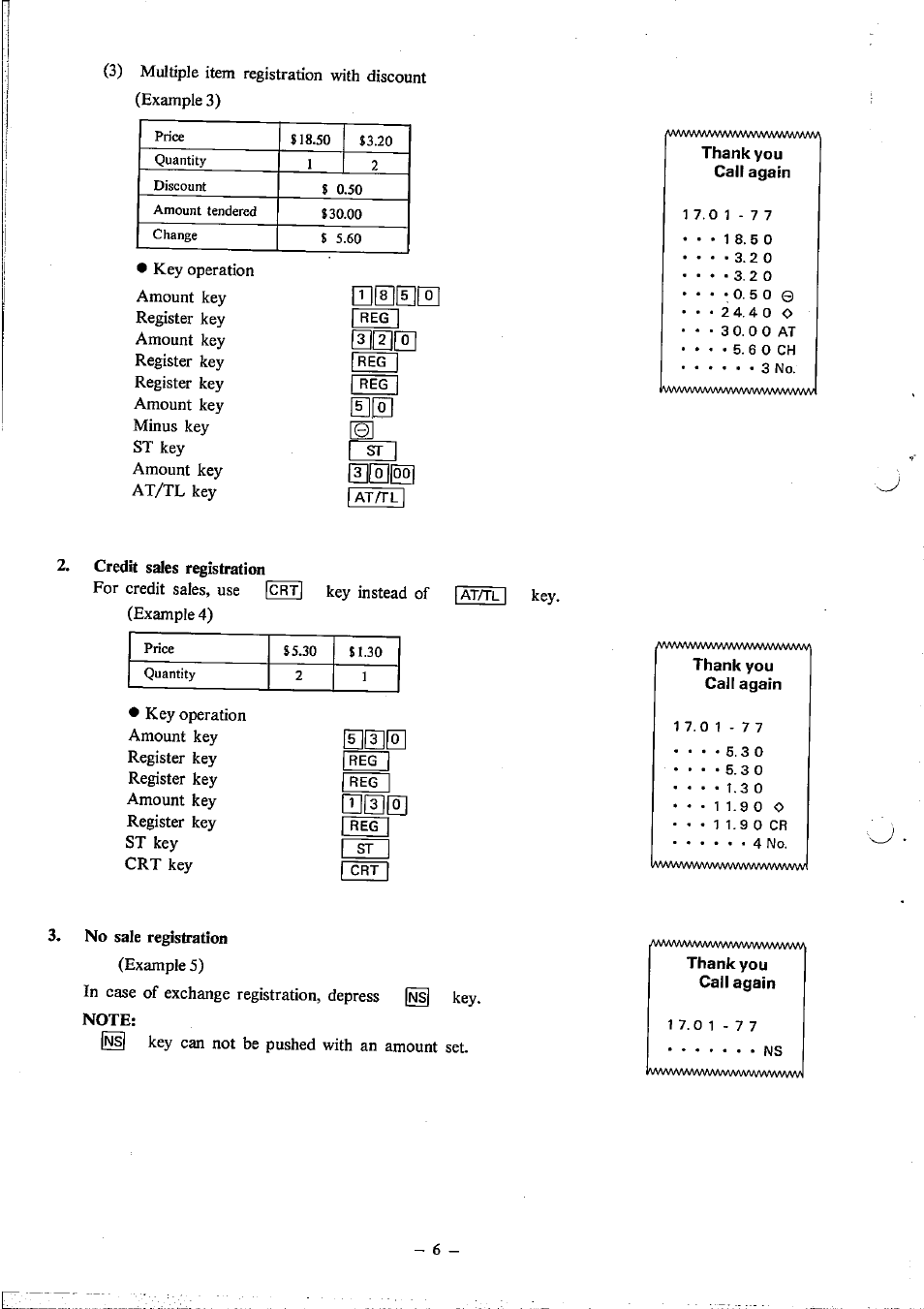 Thank you call again, Credit sales registration, No sale registration | Toshiba MA-120 Series User Manual | Page 8 / 19