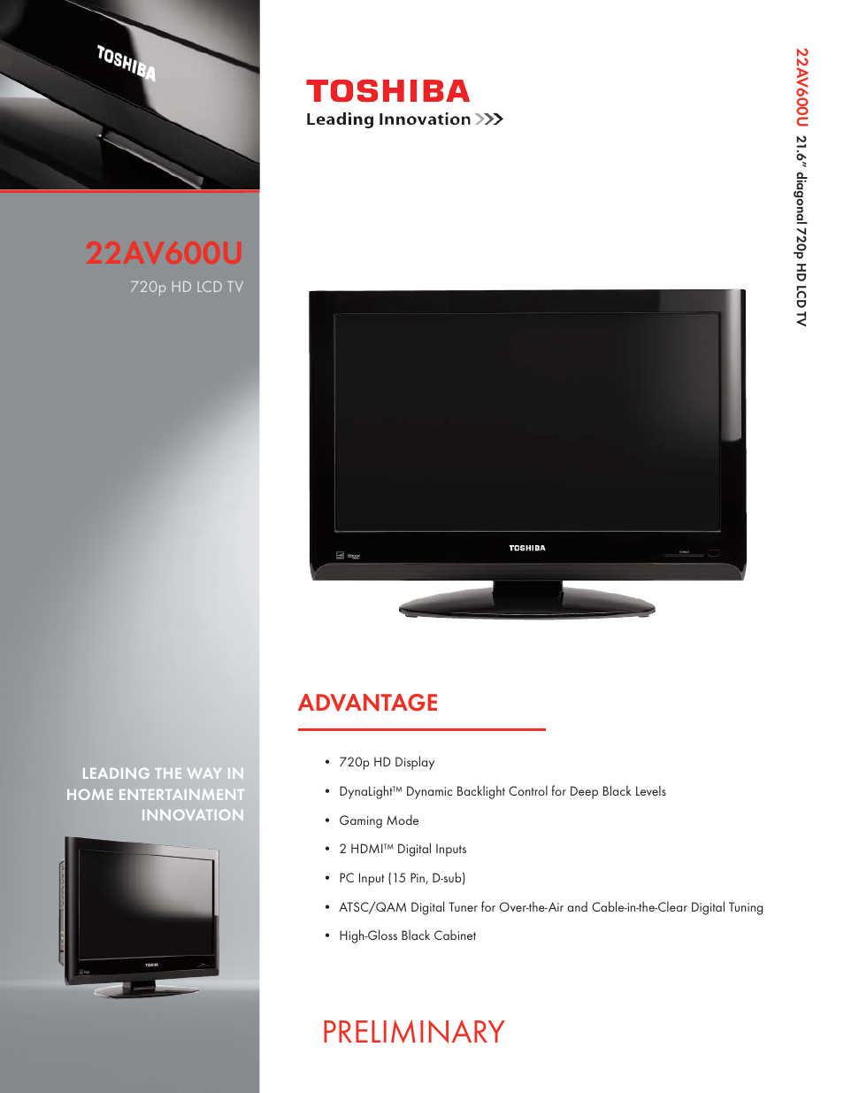 Toshiba 22AV600U User Manual | 2 pages