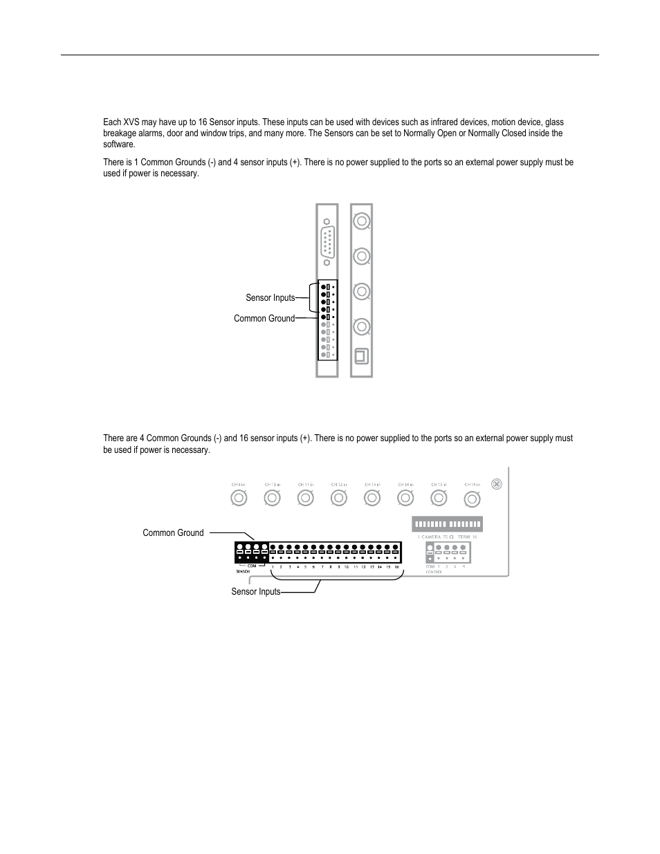 Connecting sensors to the xvs, 4 channel, 16 channel | Toshiba Surveillix XVS Series User Manual | Page 33 / 45