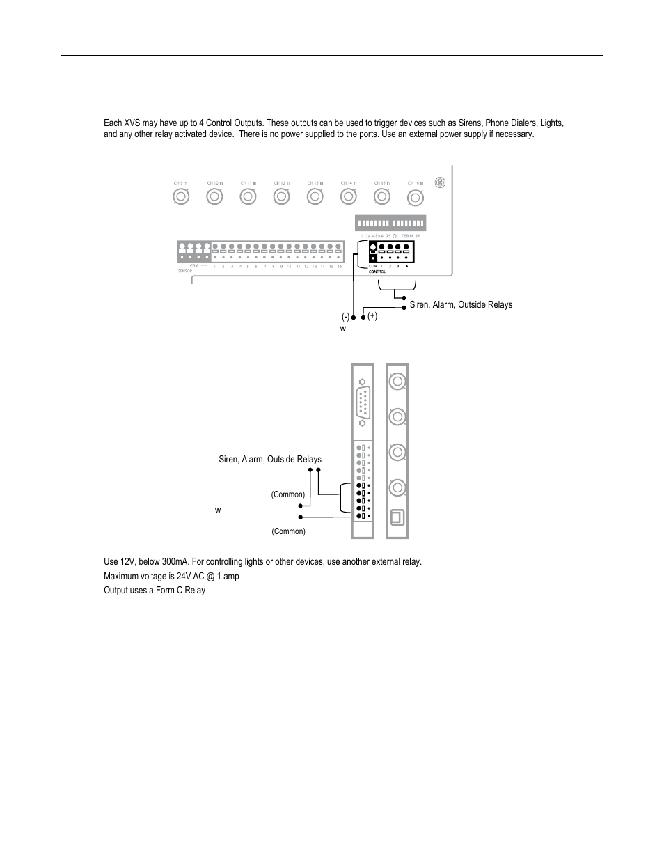 Connecting control outputs to the xvs, 16 channel, 4 channel | Toshiba Surveillix XVS Series User Manual | Page 34 / 45