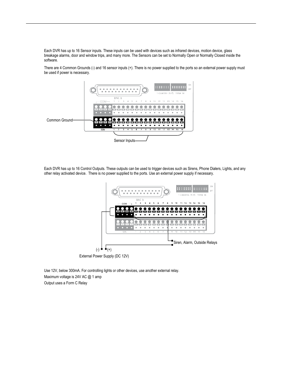Connecting sensors to the dvs / hvs, Connecting control outputs to the dvs / hvs | Toshiba Surveillix XVS Series User Manual | Page 38 / 45
