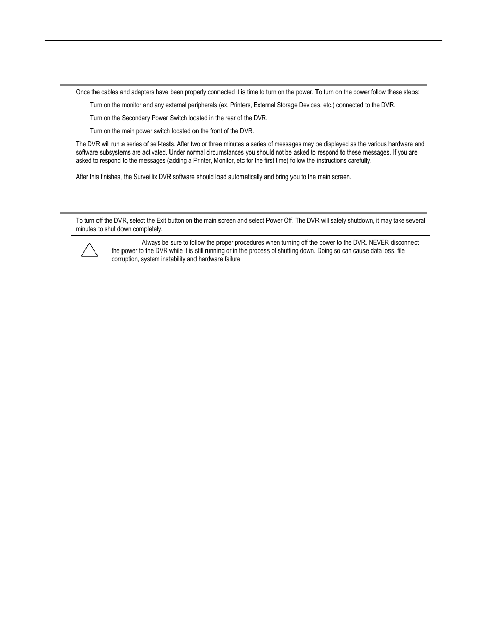 Turning on the dvr, Turning off the dvr | Toshiba Surveillix XVS Series User Manual | Page 42 / 45