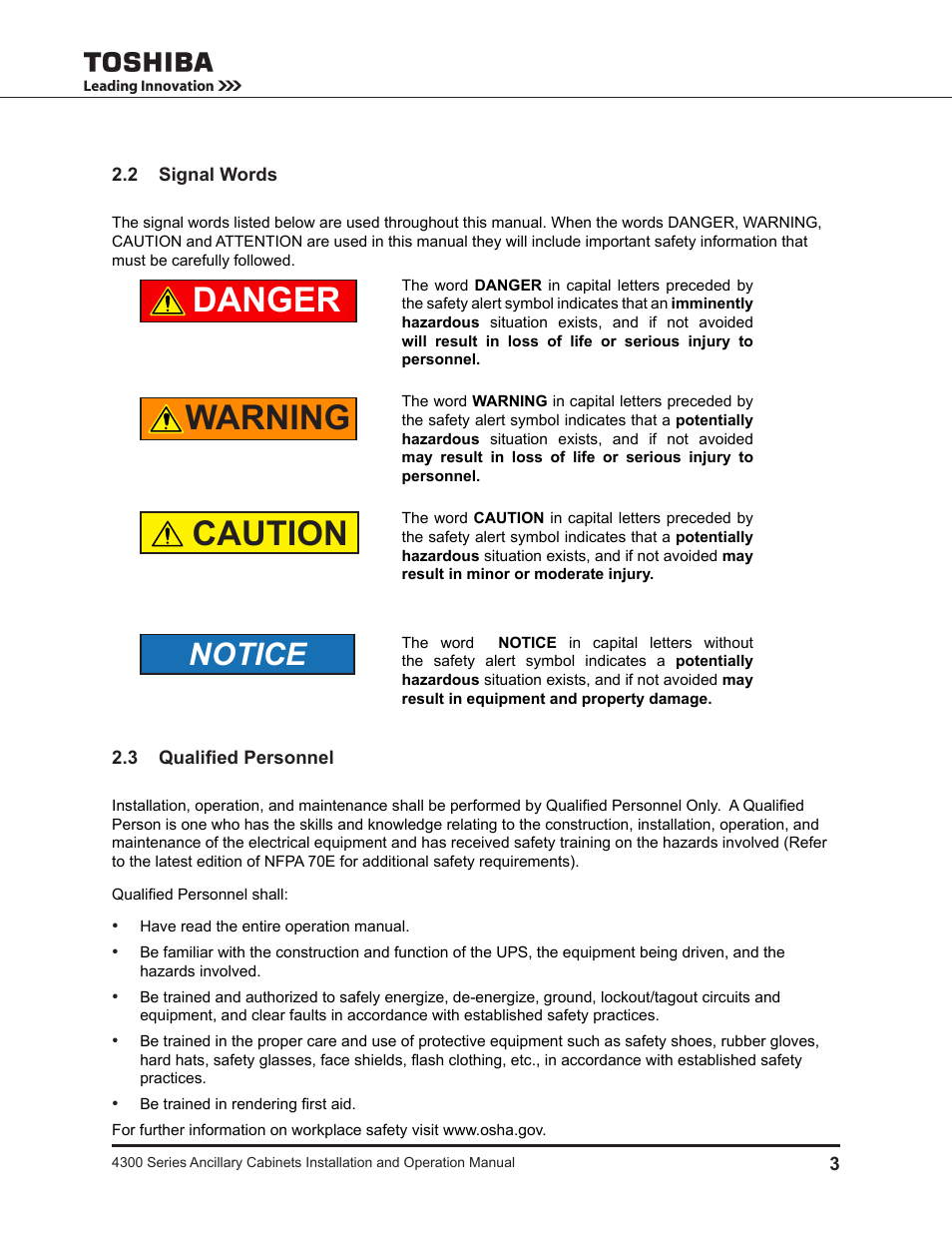 2 signal words, 3 qualified personnel, Caution warning danger | Notice | Toshiba AUXILIARY CABINET 431M User Manual | Page 11 / 64