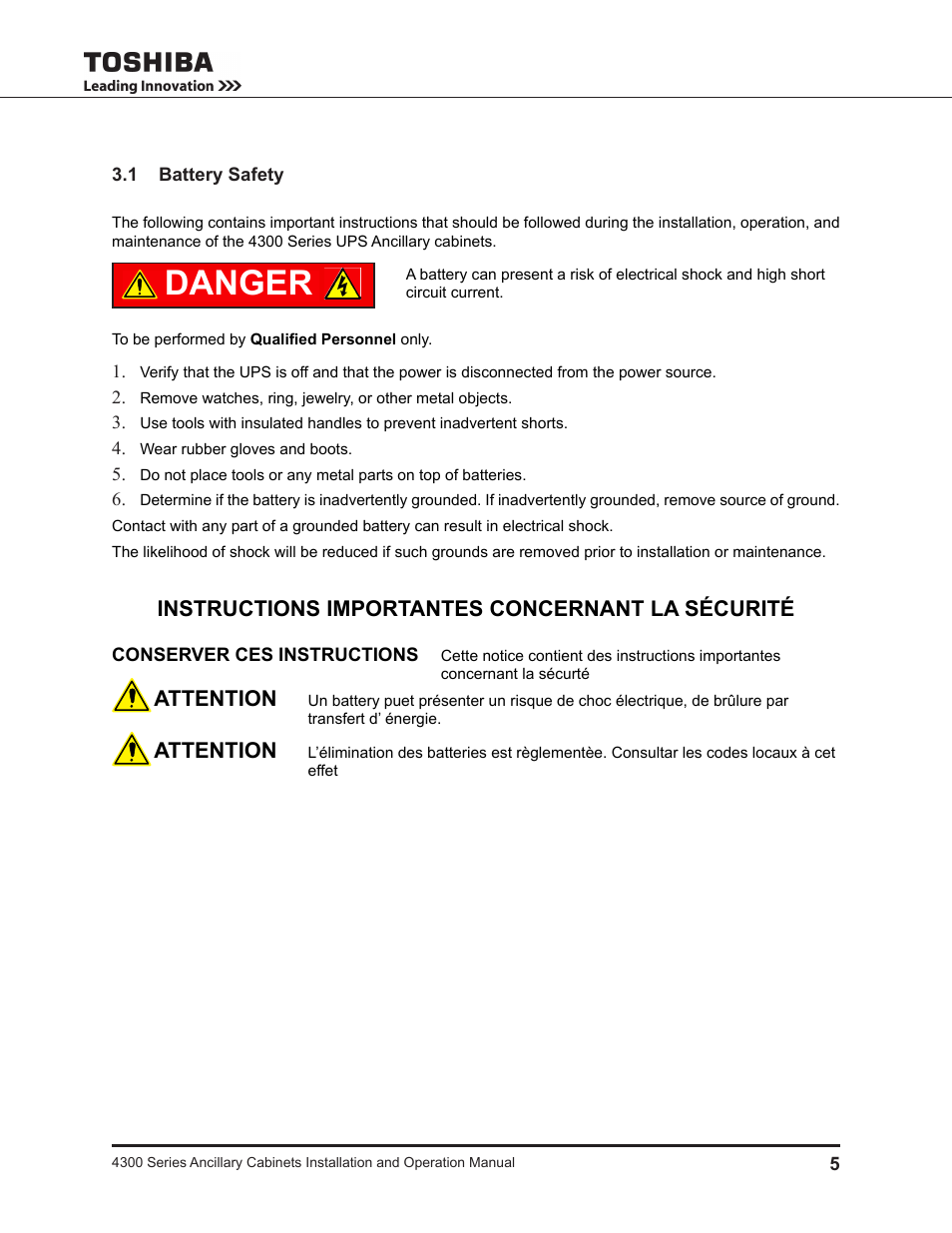 1 battery safety, Danger, Instructions importantes concernant la sécurité | Attention | Toshiba AUXILIARY CABINET 431M User Manual | Page 13 / 64