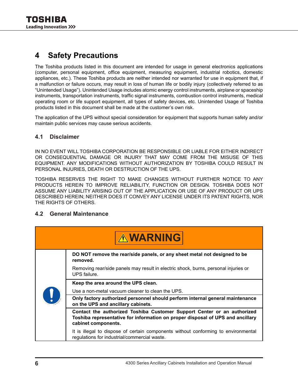 4 safety precautions, 1 disclaimer, 2 general maintenance | Warning | Toshiba AUXILIARY CABINET 431M User Manual | Page 14 / 64