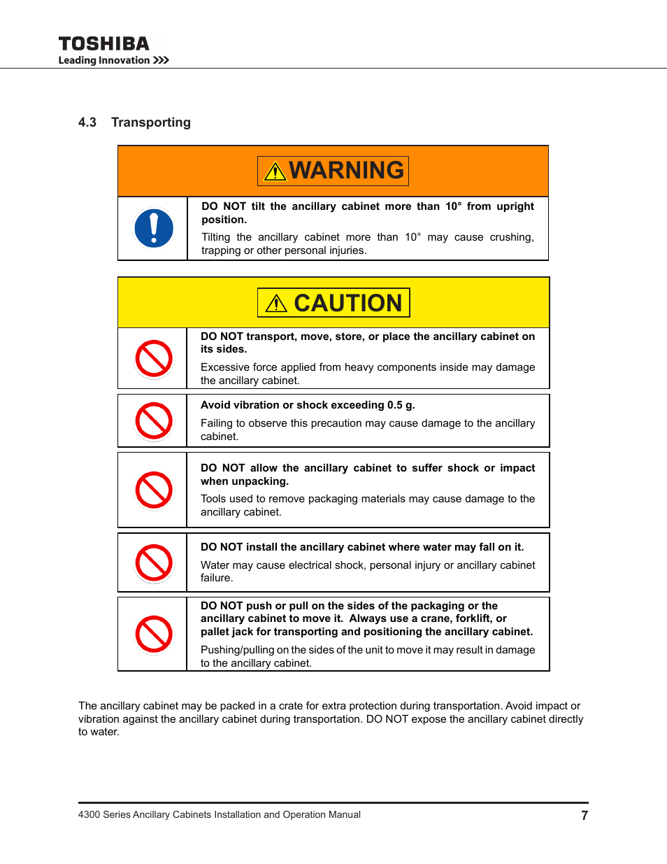 3 transporting, Warning, Caution | Toshiba AUXILIARY CABINET 431M User Manual | Page 15 / 64