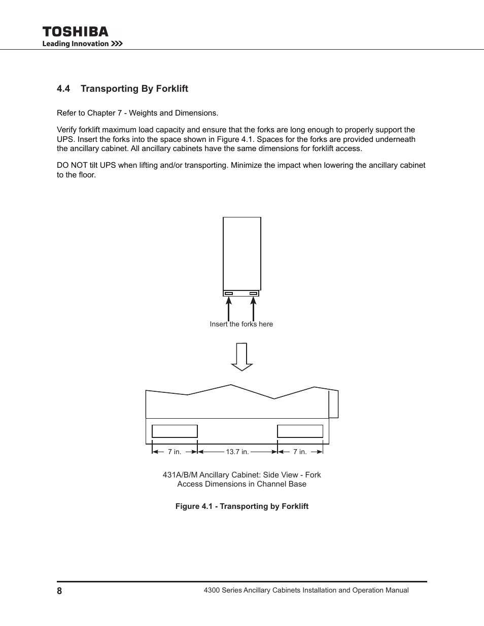 4 transporting by forklift | Toshiba AUXILIARY CABINET 431M User Manual | Page 16 / 64