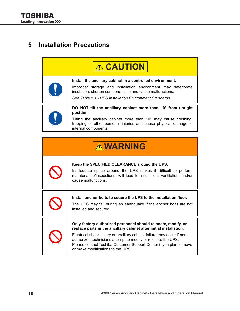 5 installation precautions, Caution, Warning | Toshiba AUXILIARY CABINET 431M User Manual | Page 18 / 64