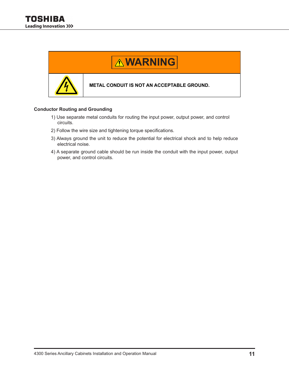 Warning | Toshiba AUXILIARY CABINET 431M User Manual | Page 19 / 64