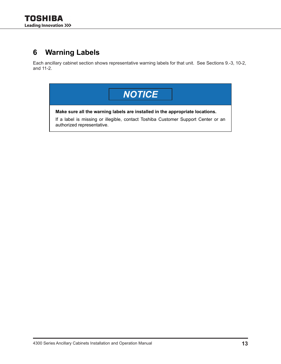 6 warning labels, Notice | Toshiba AUXILIARY CABINET 431M User Manual | Page 21 / 64