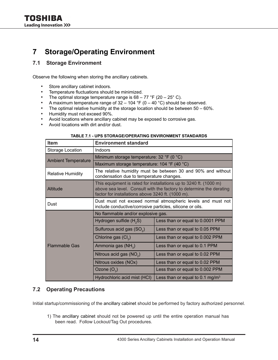 7 storage/operating environment, 1 storage environment, 2 operating precautions | Toshiba AUXILIARY CABINET 431M User Manual | Page 22 / 64