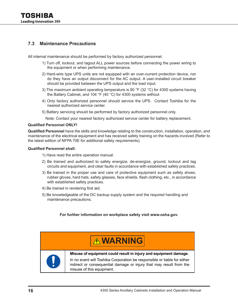 3 maintenance precautions, Warning | Toshiba AUXILIARY CABINET 431M User Manual | Page 24 / 64