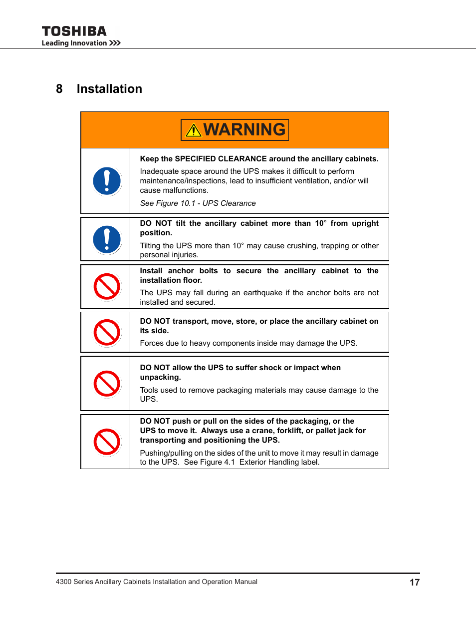 8 installation, Warning | Toshiba AUXILIARY CABINET 431M User Manual | Page 25 / 64