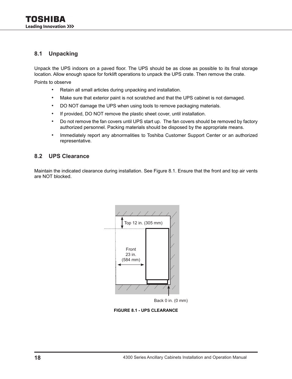 1 unpacking, 2 ups clearance | Toshiba AUXILIARY CABINET 431M User Manual | Page 26 / 64