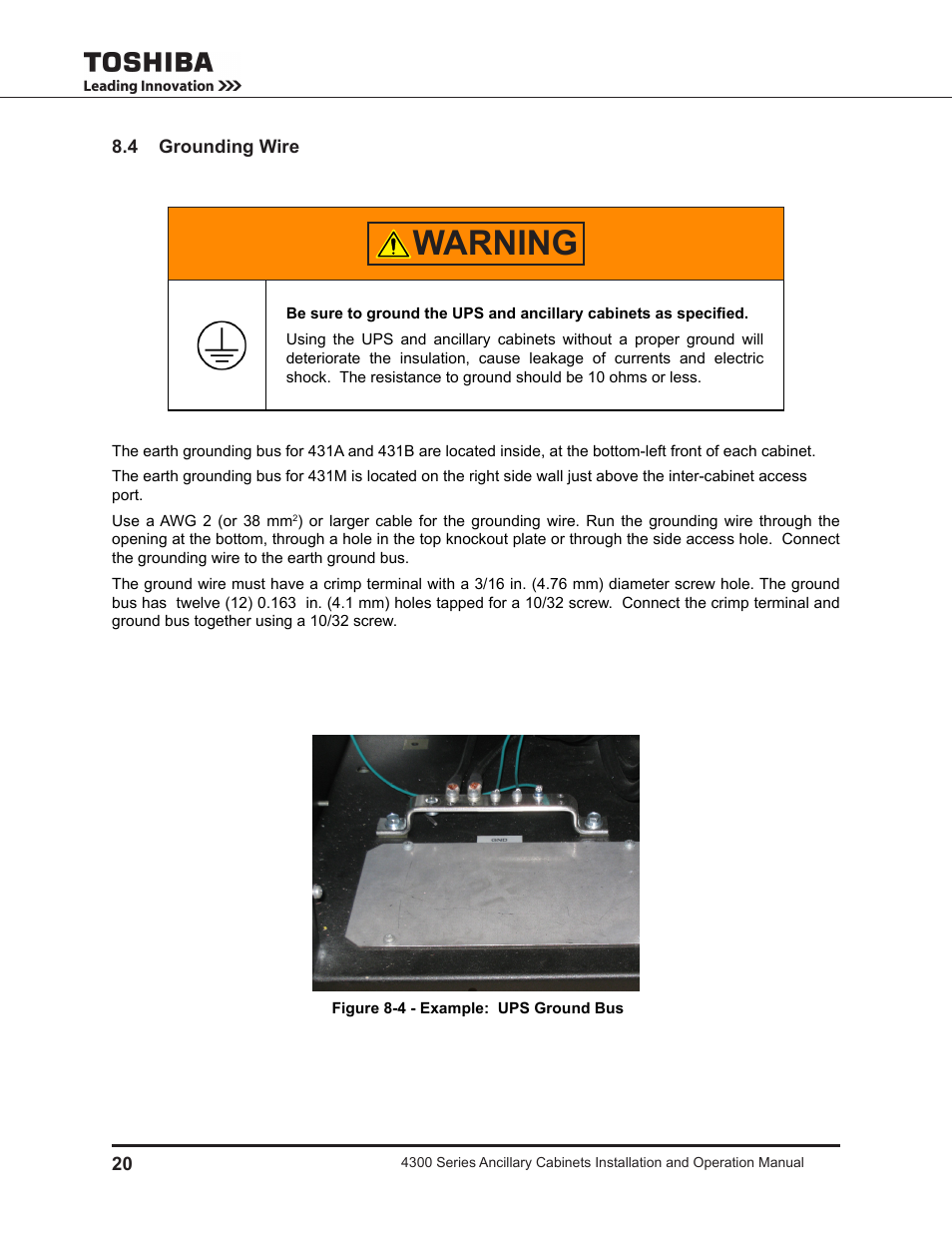 4 grounding wire, Warning | Toshiba AUXILIARY CABINET 431M User Manual | Page 28 / 64