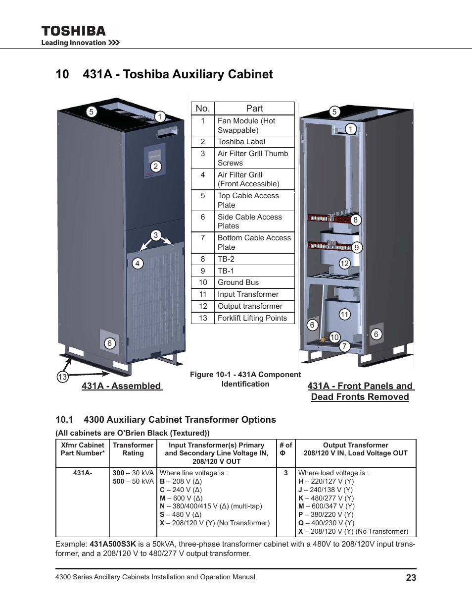 10 431a - toshiba auxiliary cabinet, 1 4300 auxiliary cabinet transformer options | Toshiba AUXILIARY CABINET 431M User Manual | Page 31 / 64