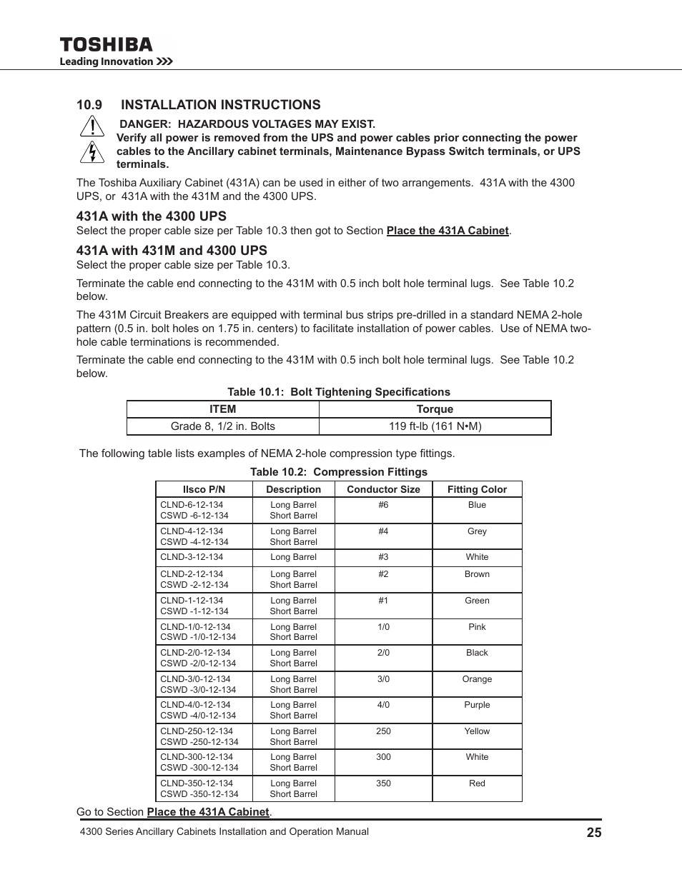 9 installation instructions | Toshiba AUXILIARY CABINET 431M User Manual | Page 33 / 64
