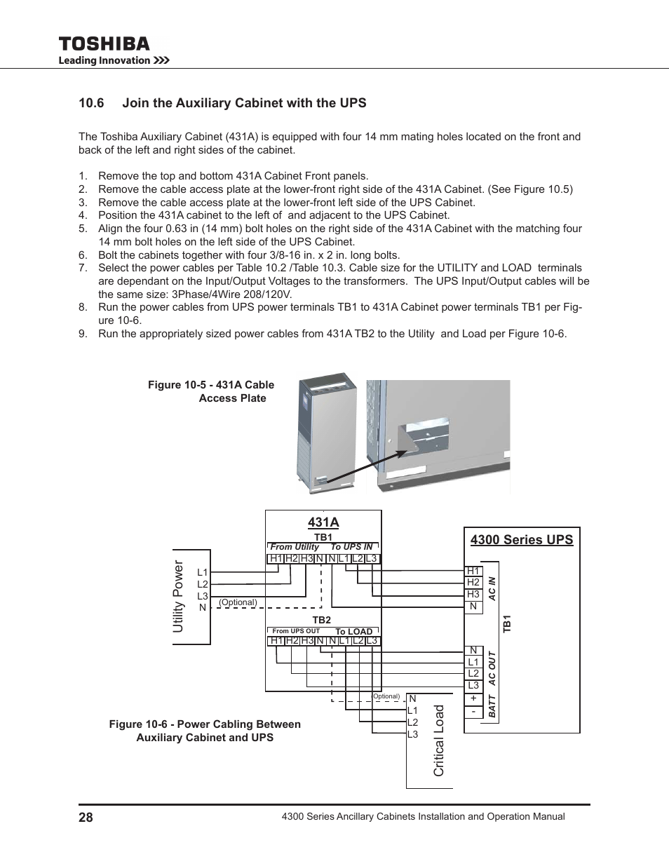 6 join the auxiliary cabinet with the ups, Utility power, Critical load | 431a, 4300 series ups | Toshiba AUXILIARY CABINET 431M User Manual | Page 36 / 64