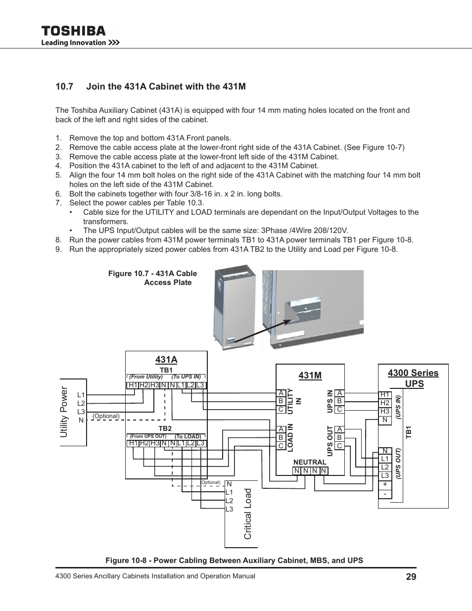 7 join the 431a cabinet with the 431m, 431a utility power, Critical load | 431m, 4300 series ups | Toshiba AUXILIARY CABINET 431M User Manual | Page 37 / 64